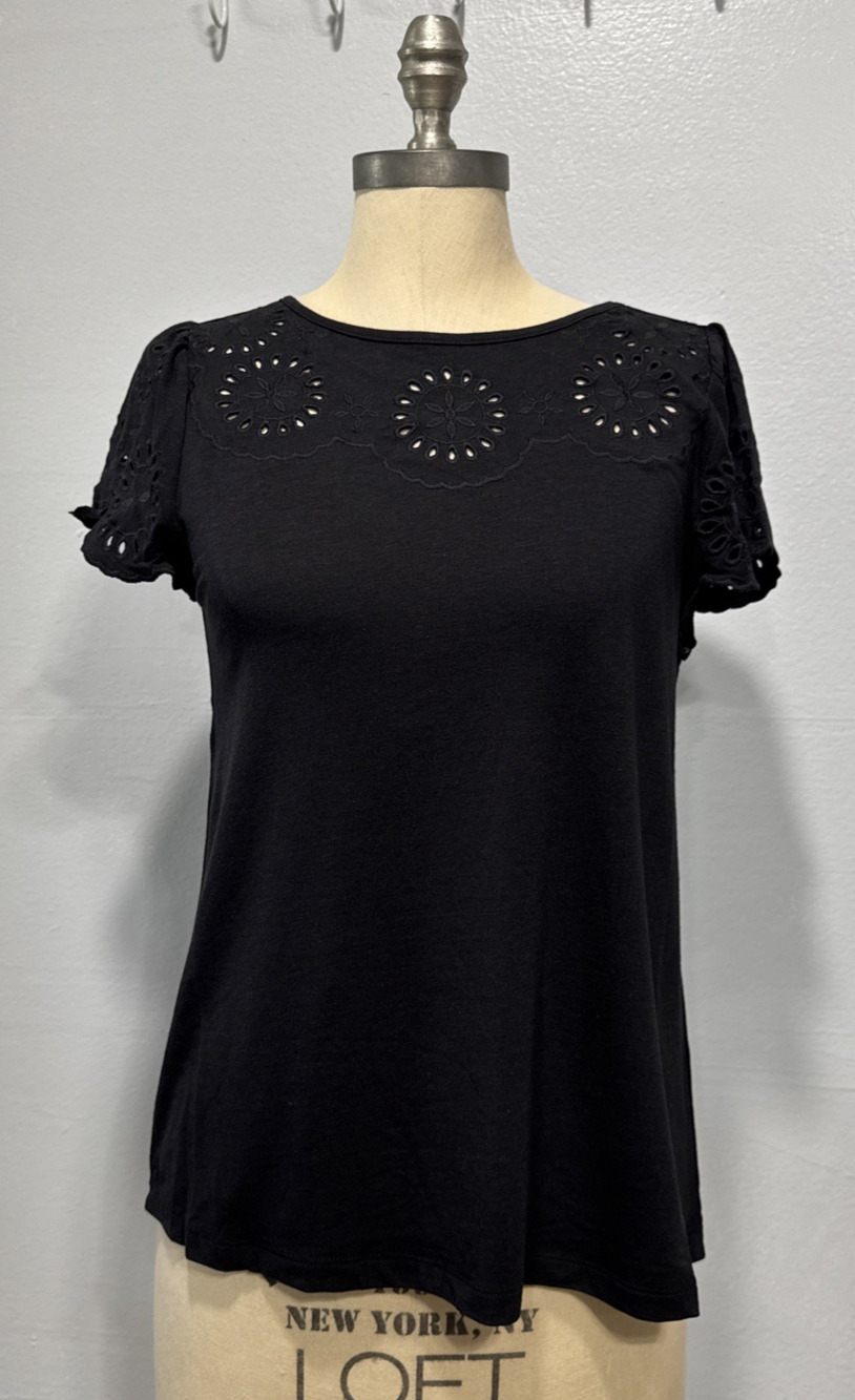 Laurie Felt Eyelet Flutter Sleeve T-Shirt Size XXS Rayon Blend Bamboo Tee Black